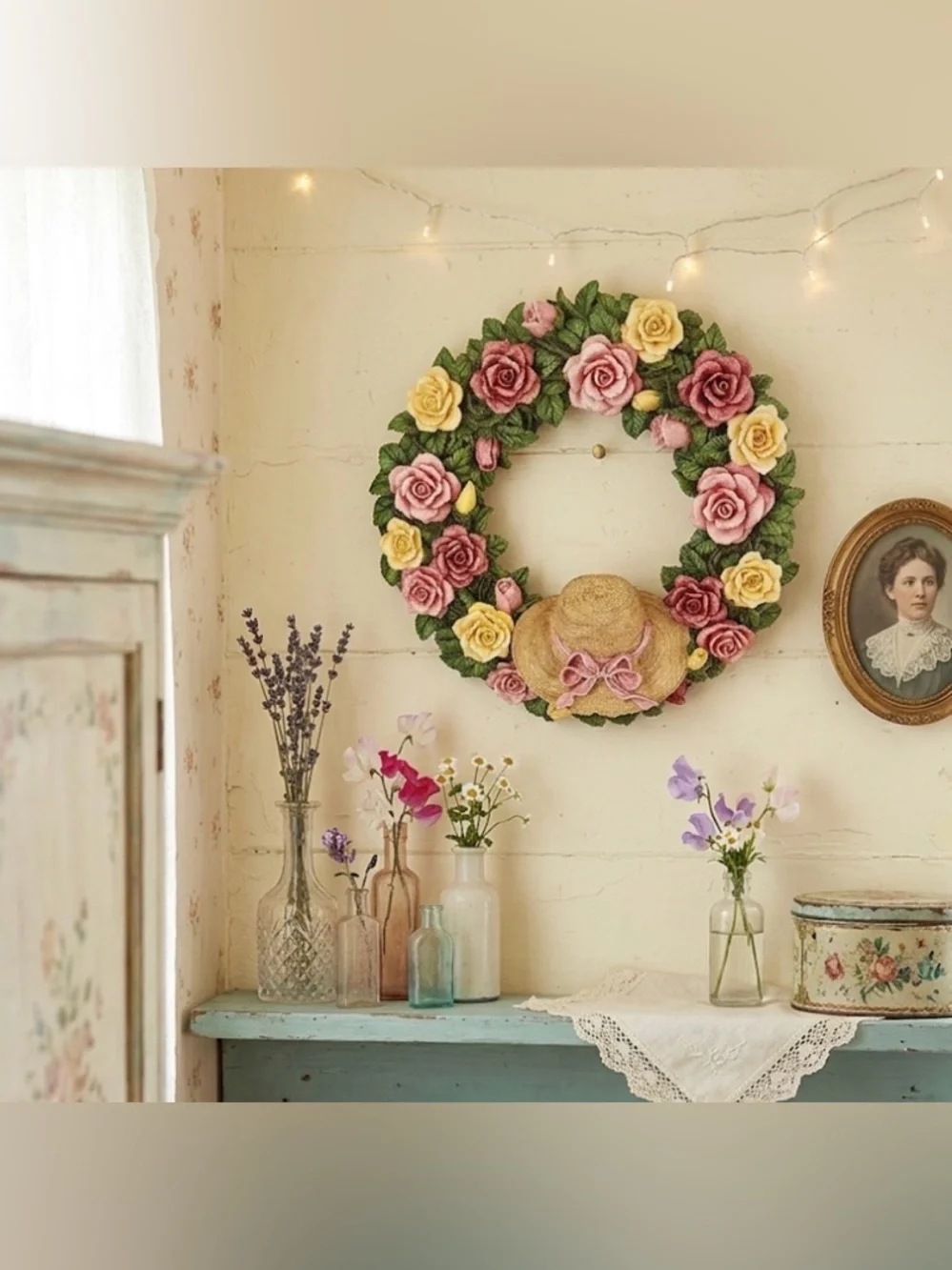 Vintage Roses & Hat Ceramic Wreath Door Hanging Plaster Handpainted Cottage Boho